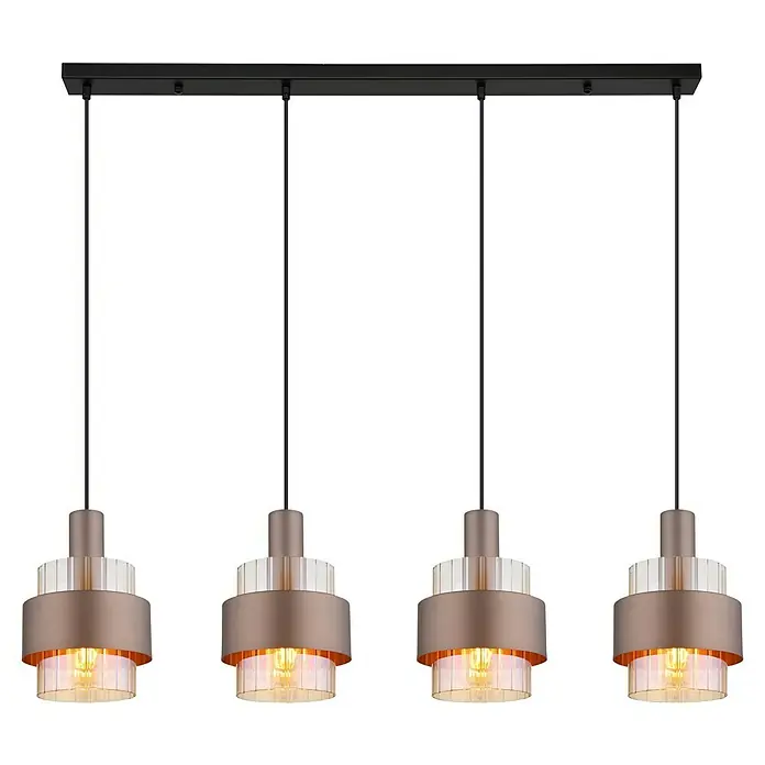 Globo Pendelleuchte Milley - L x B x H: 110 x 18,5 x 150 cm, Schwarz, E27 - Eine Pendelleuchte mit vier bronzefarbenen Lampen mit klaren Akzenten hängt an einer schwarzen Stange.