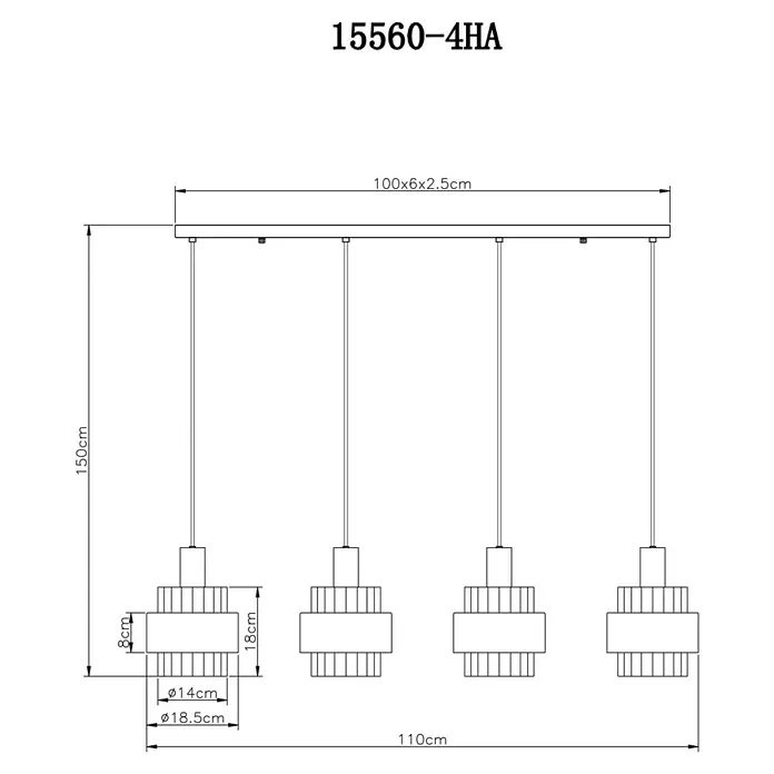 Globo Pendelleuchte Milley - L x B x H: 110 x 18,5 x 150 cm, Schwarz, E27 - Technische Zeichnung einer modernen 4-flammigen Hängeleuchte mit den Maßen 150x110x18,5 cm.