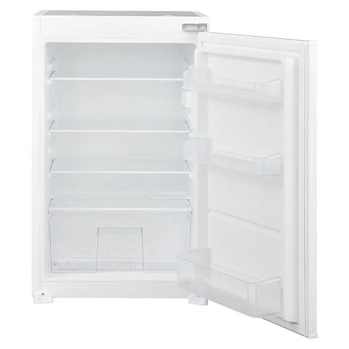 Respekta Vollraumkühlschrank Karlsson - Nutzinhalt Gesamt: 126 l, 54,5 x 54 x 87,5 cm, Weiß - Ein offener, leerer Kühlschrank in Weiß, mit Regalen und Fächern in der Tür.