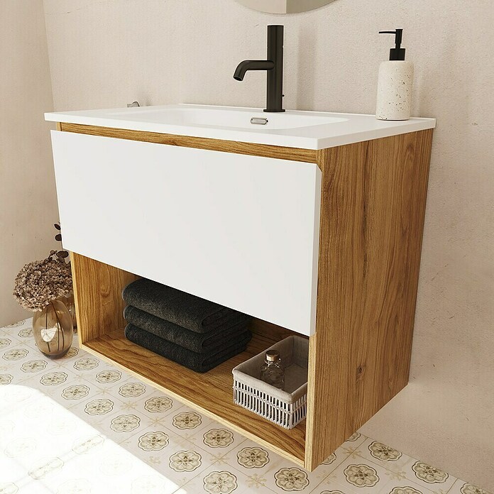 Mueble de lavabo Open (L x An x Al: 43 x 80 x 64 cm, Blanco seda, Madera auténtica) | BAUHAUS