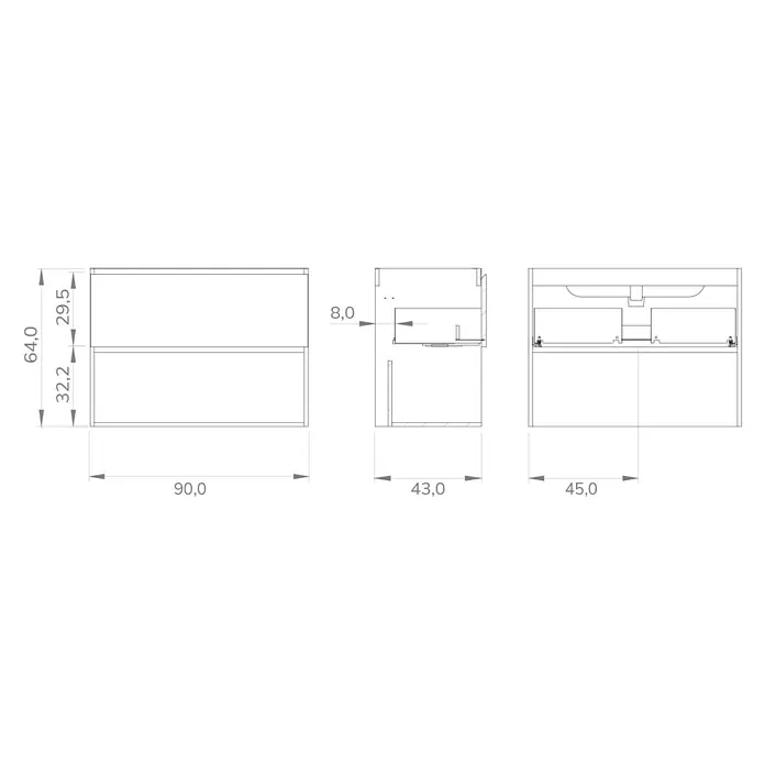 Mueble bajo de lavabo Open - An x Pr x Al: 90 x 43 x 64 cm, Verde - Dibujo técnico de un mueble bajo lavabo, mostrando las dimensiones de altura, anchura y profundidad en milímetros.