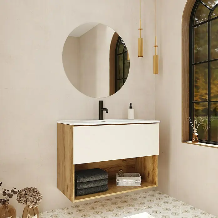 Mueble bajo de lavabo Open - An x Pr x Al: 90 x 43 x 64 cm, Beige - Elegante lavabo de baño con espejo redondo y estructura de madera. La combinación de blanco y madera añade un toque moderno al espacio.