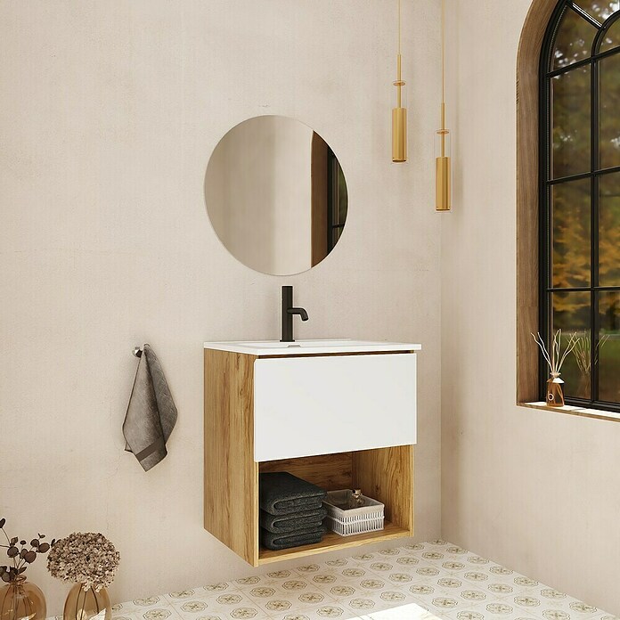 Mueble de lavabo Open (L x An x Al: 43 x 80 x 64 cm, Blanco seda, Madera auténtica) | BAUHAUS