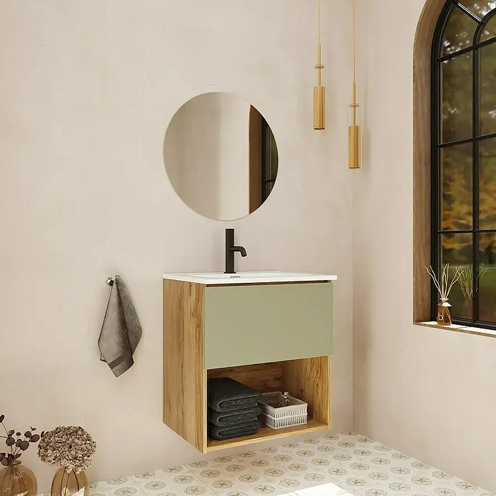 Mueble bajo de lavabo Open - An x Pr x Al: 100 x 43 x 64 cm, Verde - Un tocador de baño moderno con un mueble de madera, un cajón verde y un espejo redondo sobre el lavabo.
