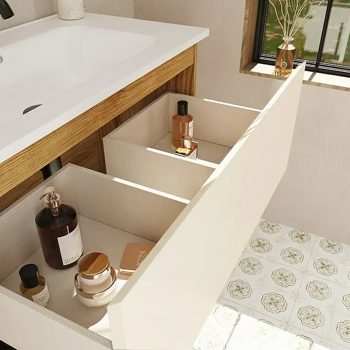 Mueble bajo de lavabo Open - An x Pr x Al: 100 x 43 x 64 cm, Beige - Un armario de baño con cajones abiertos que muestra varios artículos de tocador. Ideal para un almacenamiento organizado en el baño.