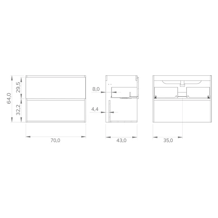 Mueble bajo de lavabo Open - An x Pr x Al: 70 x 43 x 64 cm, Rosa - Dibujo técnico de un mueble de baño con cajones y las dimensiones 70 x 43 x 35 cm, altura 64 cm.