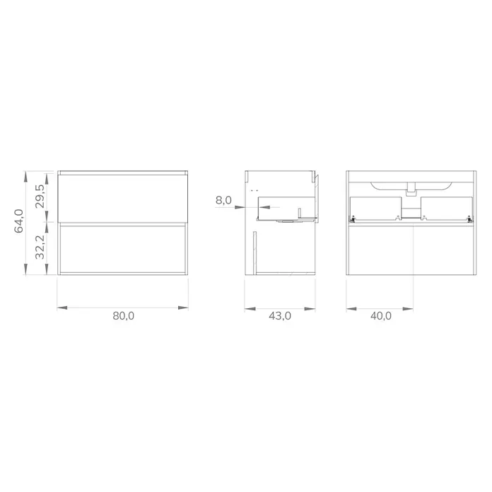 Mueble bajo de lavabo Open - An x Pr x Al: 80 x 43 x 64 cm, Rosa - Diagrama de un mueble bajo lavabo con medidas. El dibujo especifica dimensiones para el diseño del baño, asegurando una planificación precisa.