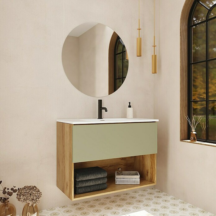 Mueble de lavabo Open (L x An x Al: 43 x 90 x 64 cm, Verde, Madera auténtica) | BAUHAUS