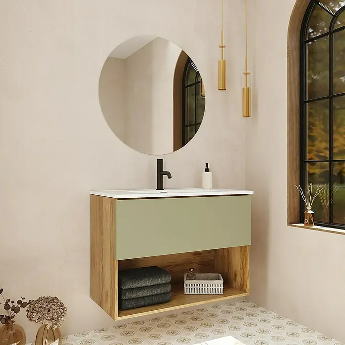 Mueble bajo de lavabo Open - An x Pr x Al: 90 x 43 x 64 cm, Verde - Elegante lavabo de baño con espejo y elegante espacio de almacenamiento. El cajón verde y el aspecto de madera dan un toque moderno.