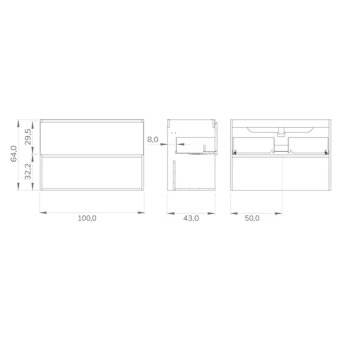 Mueble bajo de lavabo Open - An x Pr x Al: 100 x 43 x 64 cm, Verde - Vista de tres lados de un mueble de baño con cajones y lavabo, incluyendo información dimensional detallada para la instalación.
