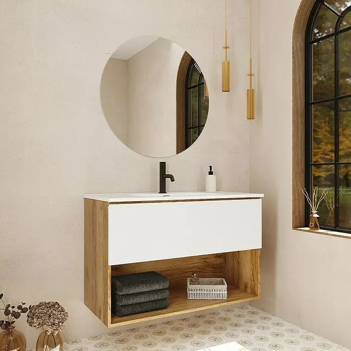 Mueble bajo de lavabo Open - An x Pr x Al: 90 x 43 x 64 cm, Blanco seda - Lavabo de baño moderno con espejo y detalles de madera, que ofrece almacenamiento elegante y un ambiente distinguido.