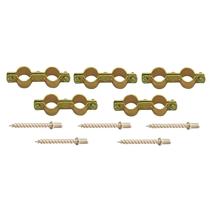 Abrazadera doble Pack - Diámetro: 28 mm, Acero, 5 ud. - Cinco abrazaderas dobles doradas con tornillos para la fijación segura de dos tubos uno al lado del otro. Ideal para instalaciones.