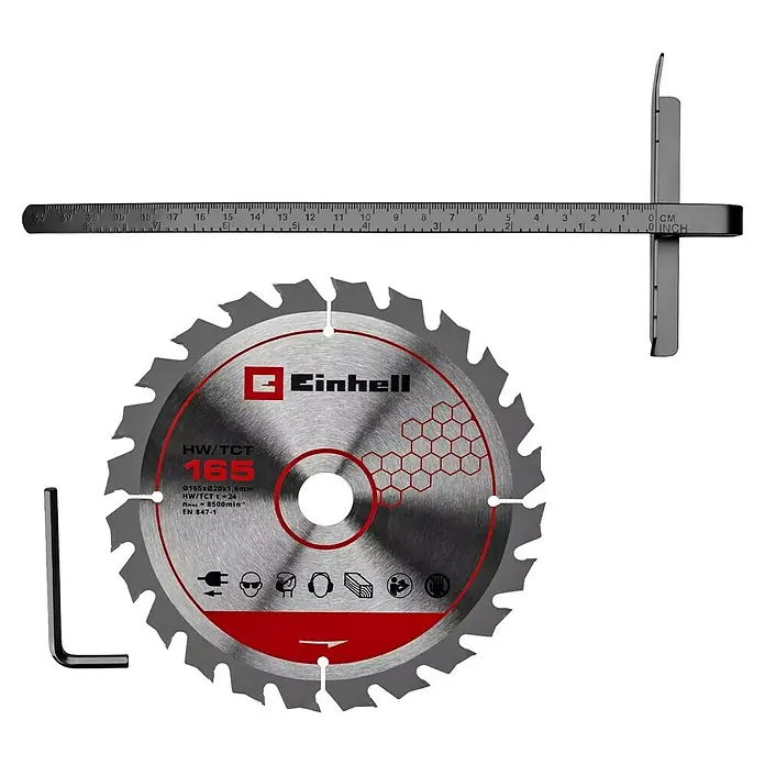 Einhell PXC 18V Sierra circular de batería TE-CS 18/165-2 Li - 18 V, Sin batería, Diámetro hoja de sierra: 165 mm, 4.200 r.p.m. - Detalle de una hoja de sierra Einhell HW/TCT 165, ideal para cortes precisos.