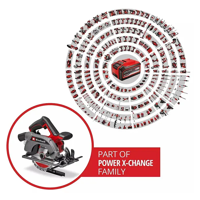 Einhell PXC 18V Sierra circular de batería TE-CS 18/165-2 Li - 18 V, Sin batería, Diámetro hoja de sierra: 165 mm, 4.200 r.p.m. - Sierra circular inalámbrica Einhell en primer plano, rodeada de otras herramientas del sistema Power X-Change y una batería.