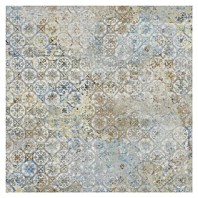 Feinsteinzeugfliese Carpet Natural - 100 x 100 cm, Vestige, Matt - Dekorfliese mit komplexem Muster in Blau-, Braun- und Gelbtönen, die einen Vintage-Charme versprüht und als Boden- oder Wandbelag dient.