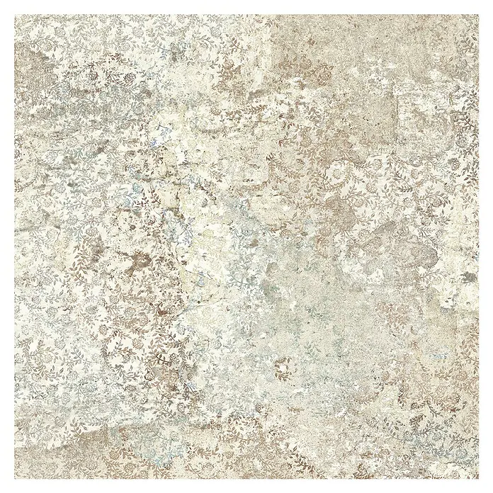 Feinsteinzeugfliese Carpet Natural - 100 x 100 cm, Sand, Matt - Abgenutzte Wandfliese mit floralem Muster in Beige- und Brauntönen, ideal für Vintage- oder Shabby-Chic-Interieurs.