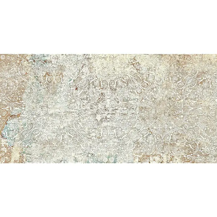 Feinsteinzeugfliese Carpet Natural - 100 x 100 cm, Sand, Matt - Elegantes Vintage-Fliesenmuster in Weiß und Beige, ideal für eine stilvolle Wandgestaltung oder als dekoratives Element.