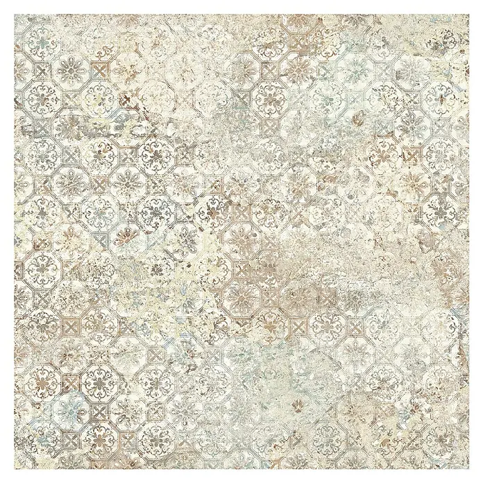 Feinsteinzeugfliese Carpet Natural - 50 x 100 cm, Sand, Matt - Dekoratives Vintage-Fliesenmuster mit floralen Motiven und abgenutztem Effekt für einen authentischen, nostalgischen Look.