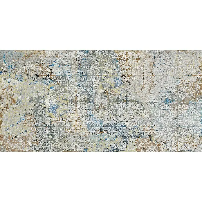 Feinsteinzeugfliese Carpet Natural - 50 x 100 cm, Vestige, Matt - Abstraktes Tapetenmuster in Weiß, Braun und Blau mit einem verwitterten, Vintage-inspirierten Design für eine stilvolle Wanddekoration.