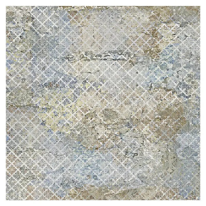 Feinsteinzeugfliese Carpet Natural - 100 x 100 cm, Vestige, Matt - Abstraktes keramisches Wandfliesenmuster in Beige-, Blau- und Grautönen, verziert mit einem zarten, sich wiederholenden floralen Design.