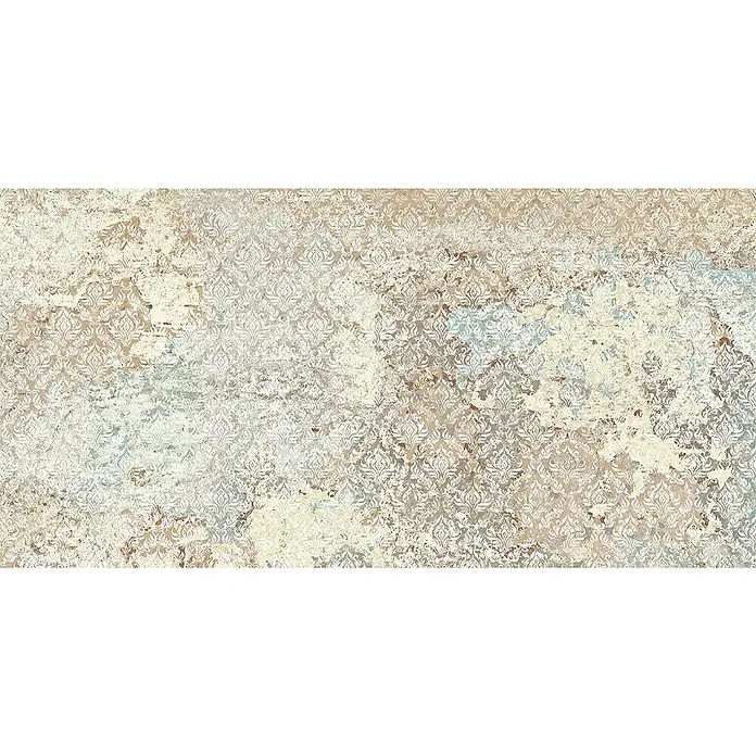 Feinsteinzeugfliese Carpet Natural - 50 x 100 cm, Sand, Matt - Abgenutzte Tapete mit einem Vintage-Muster in Beige, Weiß und Blautönen, die eine nostalgische und elegante Atmosphäre schafft.