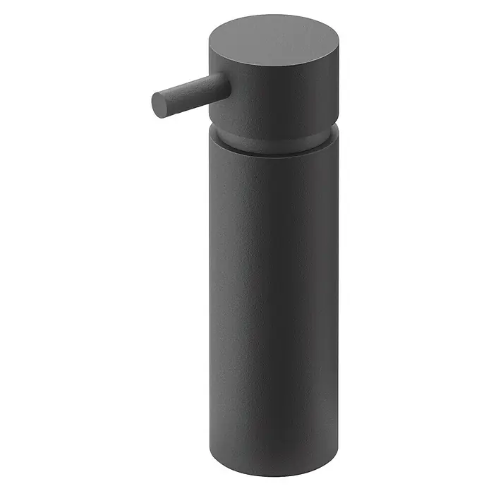 Zack Seifenspender Manola - Edelstahl, Schwarz - Schwarzer, zylindrischer Seifenspender mit Pumpe, perfekt für moderne Badezimmer. Sein schlichtes Design fügt sich nahtlos in jede Einrichtung ein.