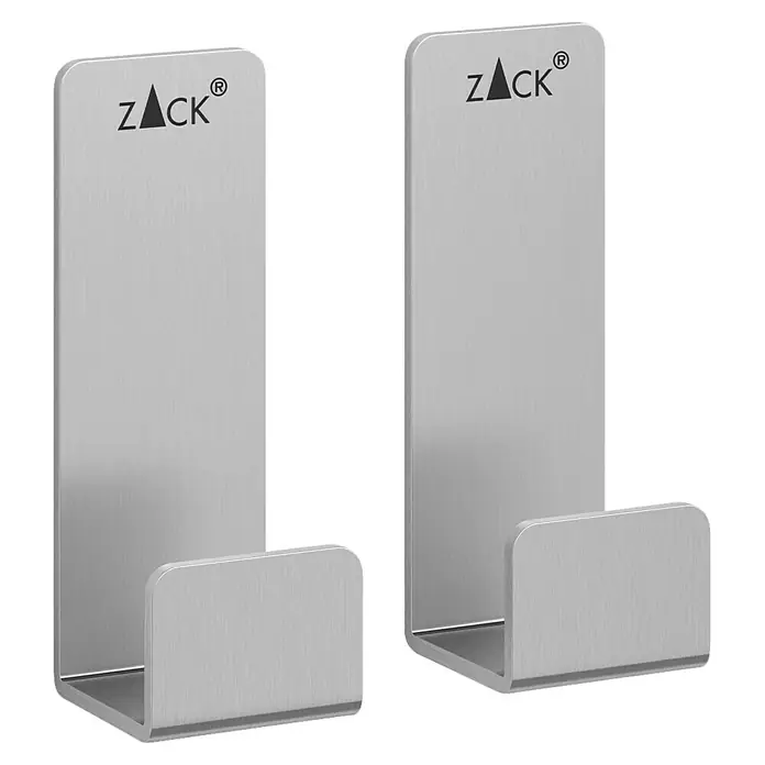 Zack Handtuchhaken Potes - Silber, Matt, Breite: 2 cm - Zwei silberfarbene ZACK-Handtuchhaken aus gebürstetem Edelstahl mit dem ZACK-Logo für ein stilvolles Badezimmer.