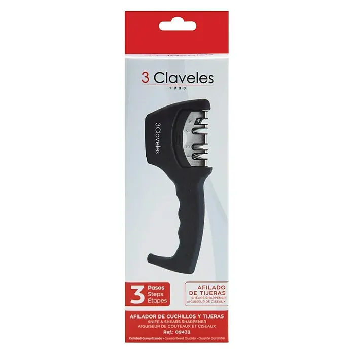 3 Claveles Afilador de cuchillos - Negro, Específico para: Cuchillos y tijeras - El juego de afilador de cuchillos 3 Claveles con tres pasos y afilador de tijeras, ideal para la cocina y el hogar.