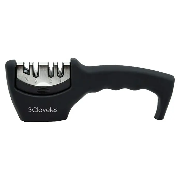 3 Claveles Afilador de cuchillos - Negro, Específico para: Cuchillos y tijeras - Imagen de un afilador de cuchillos 3 Claveles con tres ranuras de afilado diferentes y un mango ergonómico para un uso cómodo.