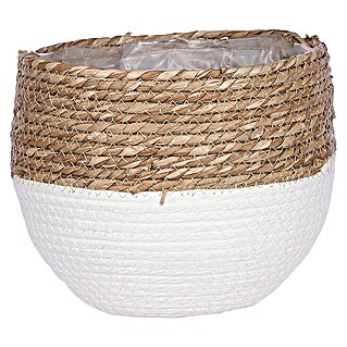 Maceta con interior de plástico Jorck (Dimensiones externas (Ø x Al): 18 x 15 cm, Materiales naturales, Blanco/Natural)
