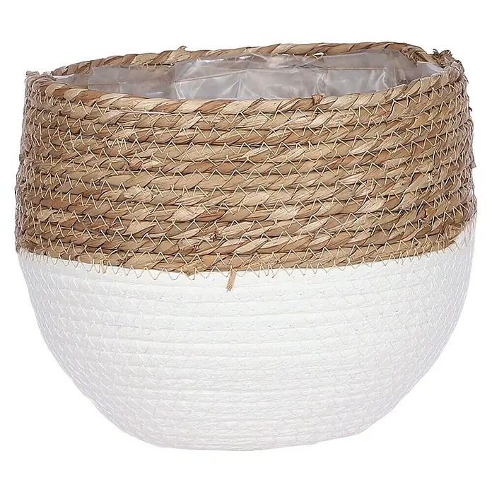 Maceta con interior de plástico Jorck - Dimensiones externas (Ø x Al): 18 x 15 cm, Materiales naturales, Blanco/Natural - Cesta para macetas bicolor: parte superior natural, parte inferior blanca, tejida a mano con materiales sostenibles, ideal para plantas de interior.