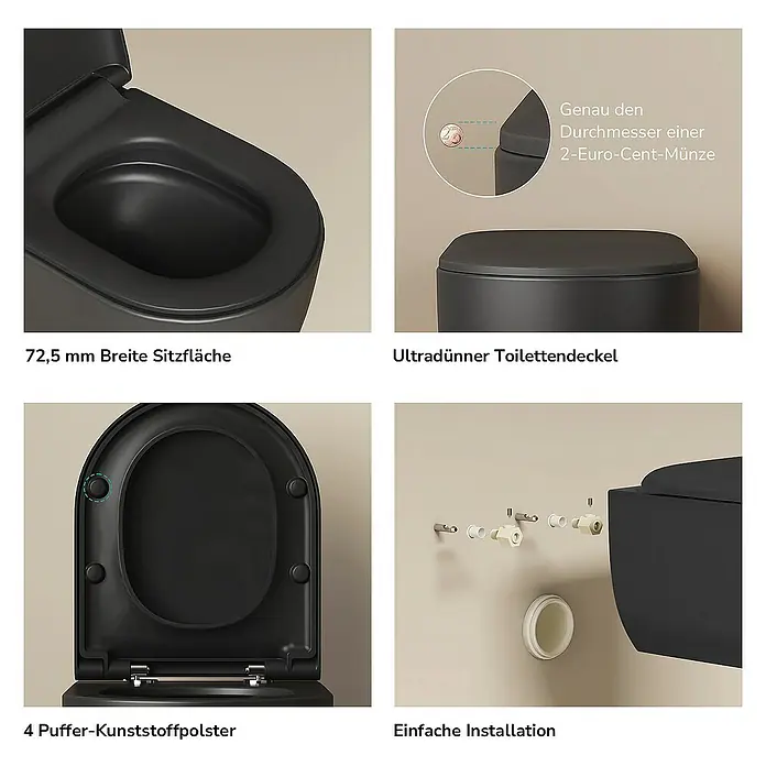 Emke Wand-WC Nero - Spülrandlos, Mit schmutzabweisender Glasur, Schwarz