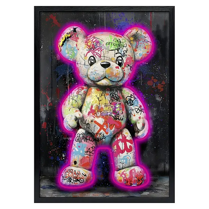 ProArt Bild LED-Neon Art - Graffiti Teddybär, B x H: 50 x 70 cm - Gerahmtes Kunstwerk eines Teddybären mit Graffiti-Motiven, umrandet von leuchtendem Pink. Moderne Wandkunst für lebendige Räume.
