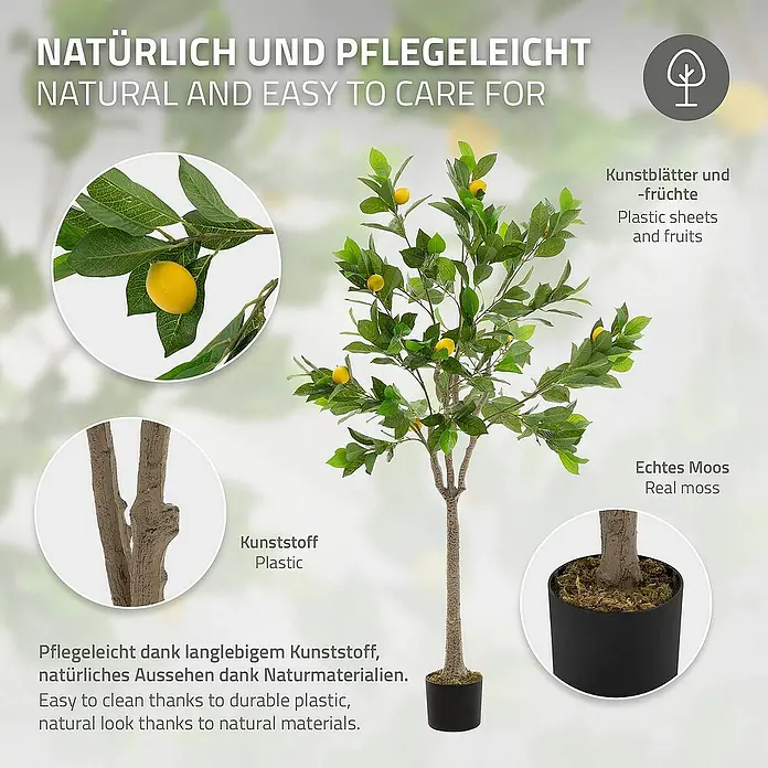 ML-Design Kunstpflanze Zitronenbaum Pflegeleichte Kunstbaum 160 cm für Innen & Außen im Topf - Blütenfarbe: Gelb, Kunststoff