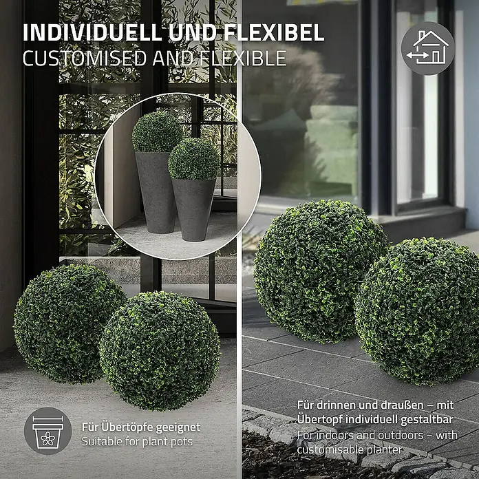 ML-Design Kunstpflanze Buchsbaumkugel Pflegeleichte 2er Set Deko Ø35 cm für Innen & Außen - Höhe: 35 cm, Blütenfarbe: Grün, Kunststoff