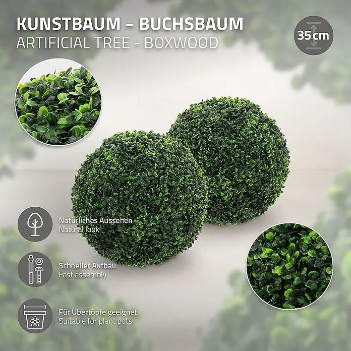 ML-Design Kunstpflanze Buchsbaumkugel Pflegeleichte 2er Set Deko Ø35 cm für Innen & Außen - Höhe: 35 cm, Blütenfarbe: Grün, Kunststoff