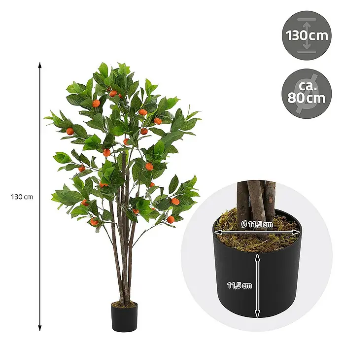 ML-Design Kunstpflanze Orangenbaum Pflegeleichte Kunstbaum 130 cm für Innen & Außen im Topf - Blütenfarbe: Orange, Kunststoff