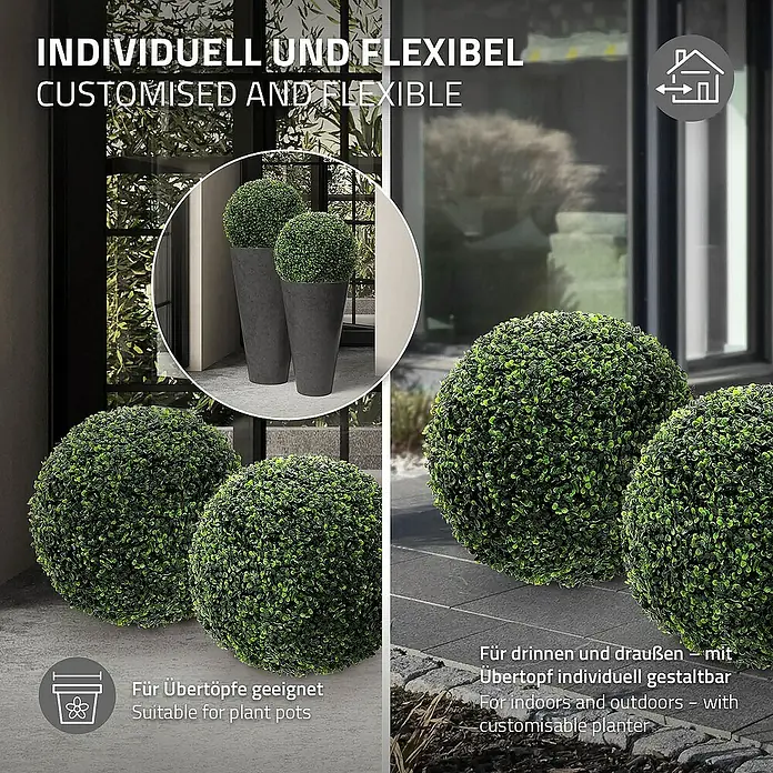 ML-Design Kunstpflanze Buchsbaumkugel Pflegeleichte 2er Set Deko Ø45 cm für Innen & Außen - Blütenfarbe: Grün, Kunststoff