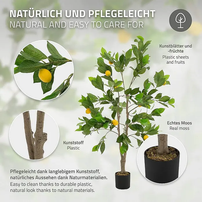 ML-Design Kunstpflanze Zitronenbaum Pflegeleichte Kunstbaum 130 cm für Innen & Außen im Topf - Blütenfarbe: Gelb, Kunststoff