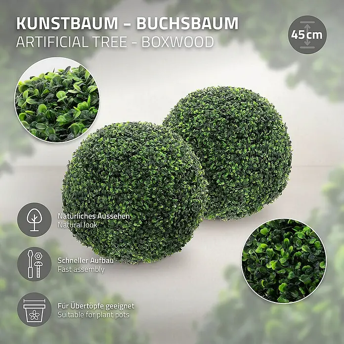 ML-Design Kunstpflanze Buchsbaumkugel Pflegeleichte 2er Set Deko Ø45 cm für Innen & Außen - Blütenfarbe: Grün, Kunststoff