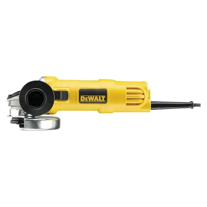DeWalt Amoladora angular eléctrica DWE4057-QS - 800 W, Diámetro disco: 125 mm, Número de revoluciones de marcha en vacío: 11.800 r.p.m. - Imagen de una amoladora angular DeWALT amarilla, utilizada para pulir y cortar. Una herramienta eléctrica versátil.