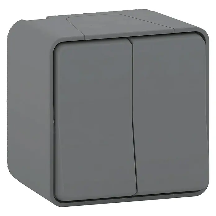 Schneider Electric Mureva Styl Conmutador doble - Gris, Colocar, Plástico, 10 A - Primer plano de un interruptor de luz doble gris con bordes redondeados, que muestra un diseño moderno y minimalista.