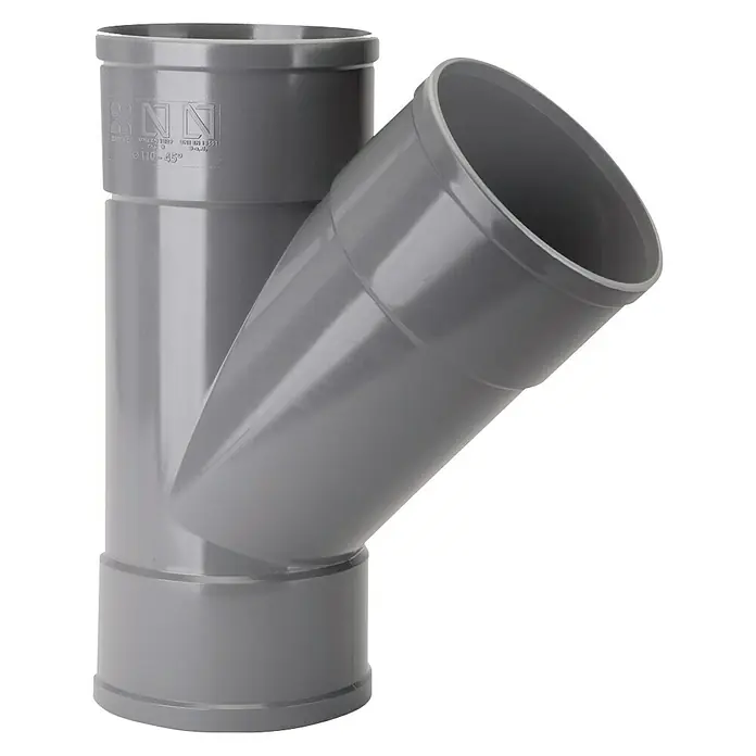Pieza T M-H - Plástico - Tubo de derivación en Y de plástico gris para fontanería. Permite la conexión de tuberías en un ángulo de 45 grados para drenaje eficiente.