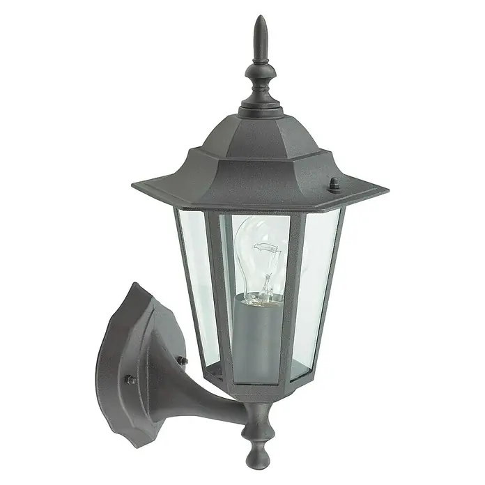 Aplique exterior Orlando - 60 W, 22,6 x 20,2 x 35,2 cm, Negro, IP44, Ascendente - Elegante aplique de pared de estilo clásico, ideal para espacios exteriores. La lámpara cuenta con cristal claro y una carcasa robusta.