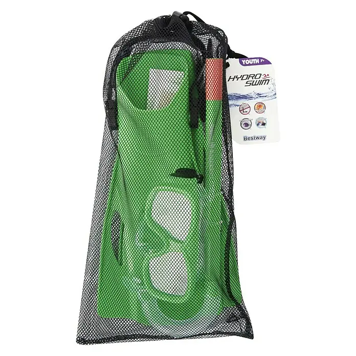 Bestway Set de buceo Sure Swim - Específico para: Niños a partir de 7 años, 3 pzs. - Set de natación Bestway Hydro Swim juvenil 7+ con gafas y aletas en una bolsa de malla negra, ideal para jóvenes nadadores.