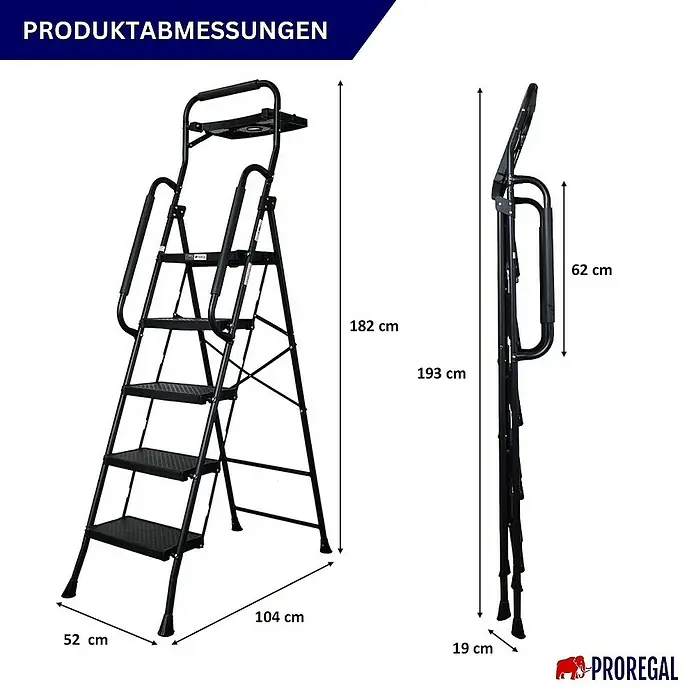 Proregal Klapptritt Profi-Trittleiter klappbar - Anzahl Tritte: 5 Stk., Belastbarkeit: 150 kg, Stahl