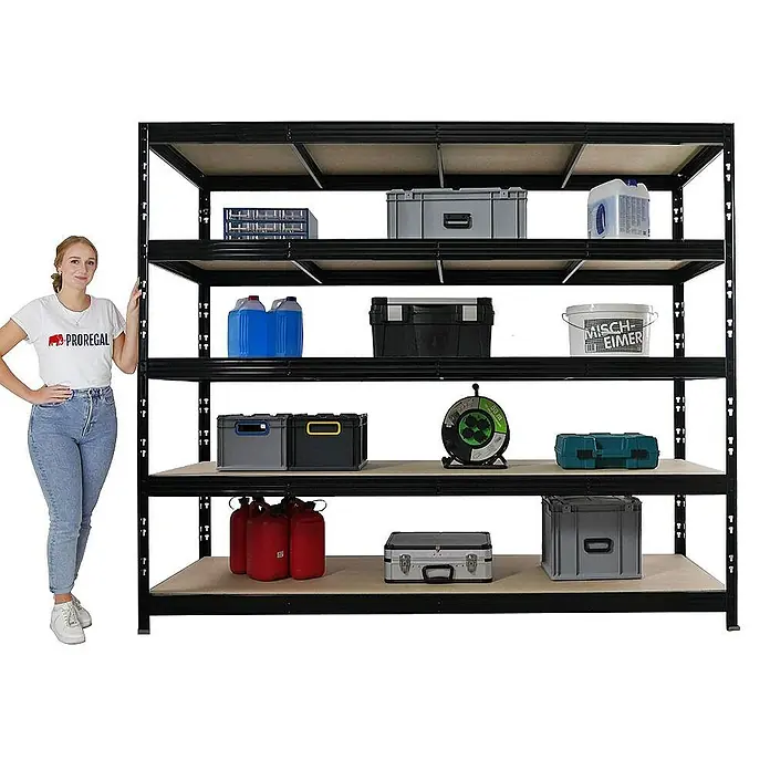 Proregal Schwerlastregal Profi RHINO - H x B x T: 200 x 240 x 70 cm, Traglast pro Boden: 450 kg, Anzahl Böden: 5 Stk., Stecken, Schwarz