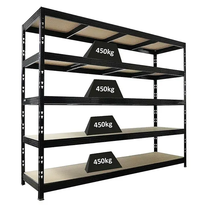 Proregal Schwerlastregal Profi RHINO - H x B x T: 200 x 240 x 70 cm, Traglast pro Boden: 450 kg, Anzahl Böden: 5 Stk., Stecken, Schwarz