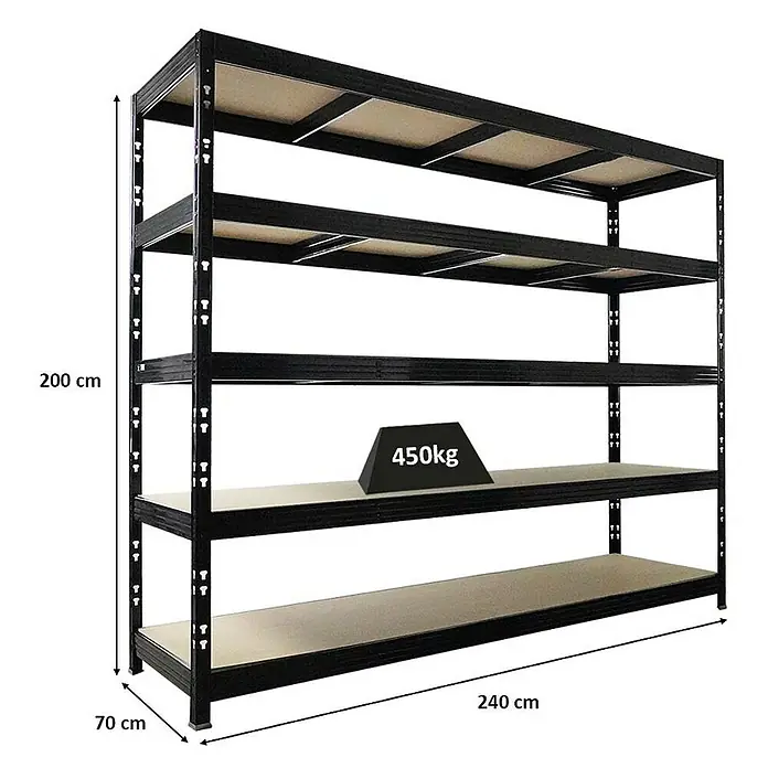 Proregal Schwerlastregal Profi RHINO - H x B x T: 200 x 240 x 70 cm, Traglast pro Boden: 450 kg, Anzahl Böden: 5 Stk., Stecken, Schwarz