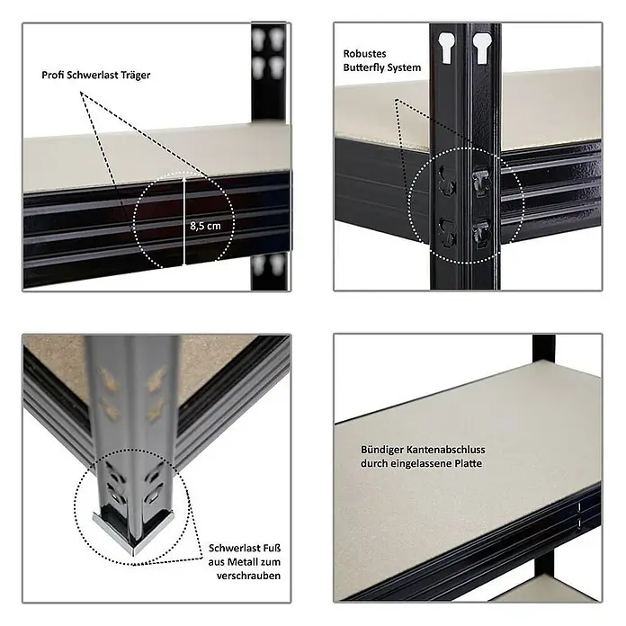 Proregal Schwerlastregal Mega Deal 4x Profi RHINO - Traglast pro Boden: 450 kg, Anzahl Böden: 5 Stk., Stecken, Schwarz